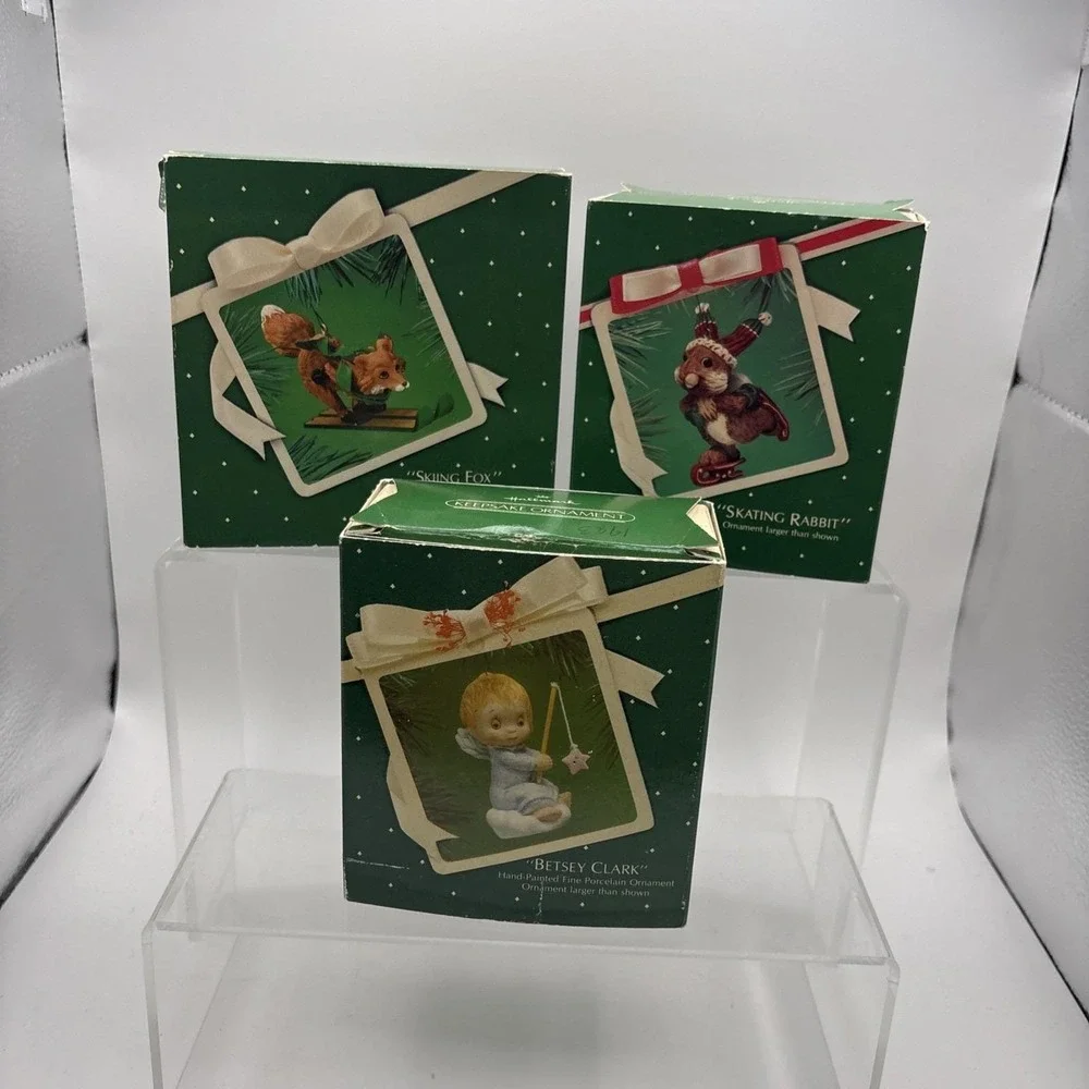 Vtg~Hallmark Ornaments~Lot of 3~Betsey Clark/Skating Rabbit/Skiing Fox~IOB